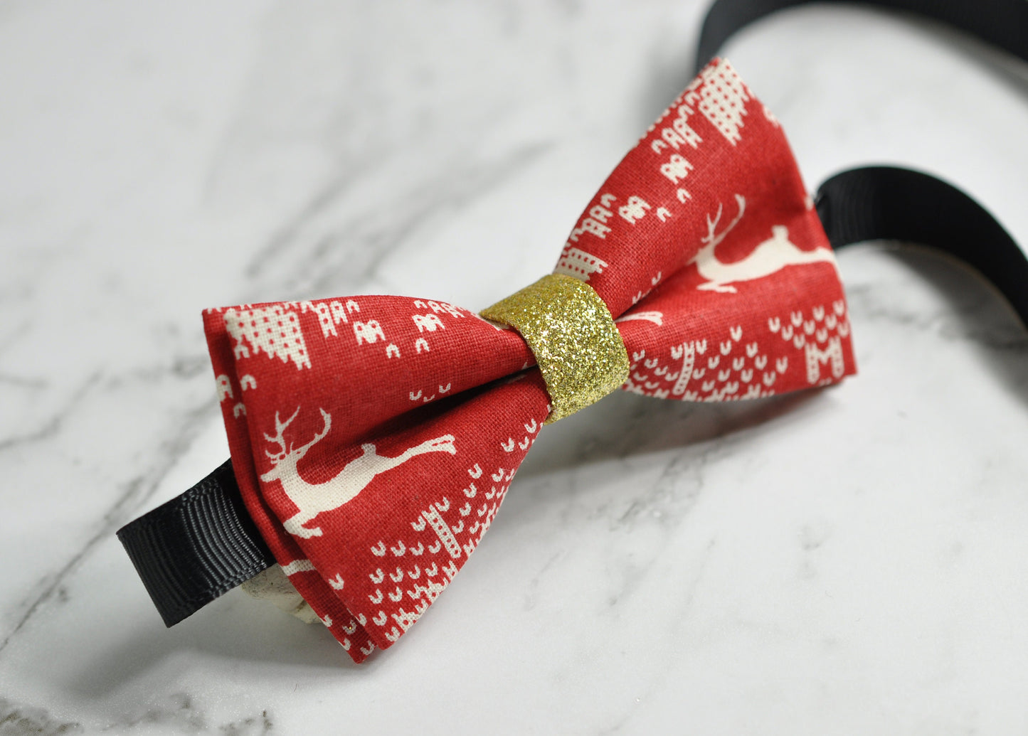 Red White Gold Xmas Christmas Elk Deer Cotton Bow tie+ Red Elastic Suspenders Braces for Kids Page Boy Toddler or Youth Teenage or Men