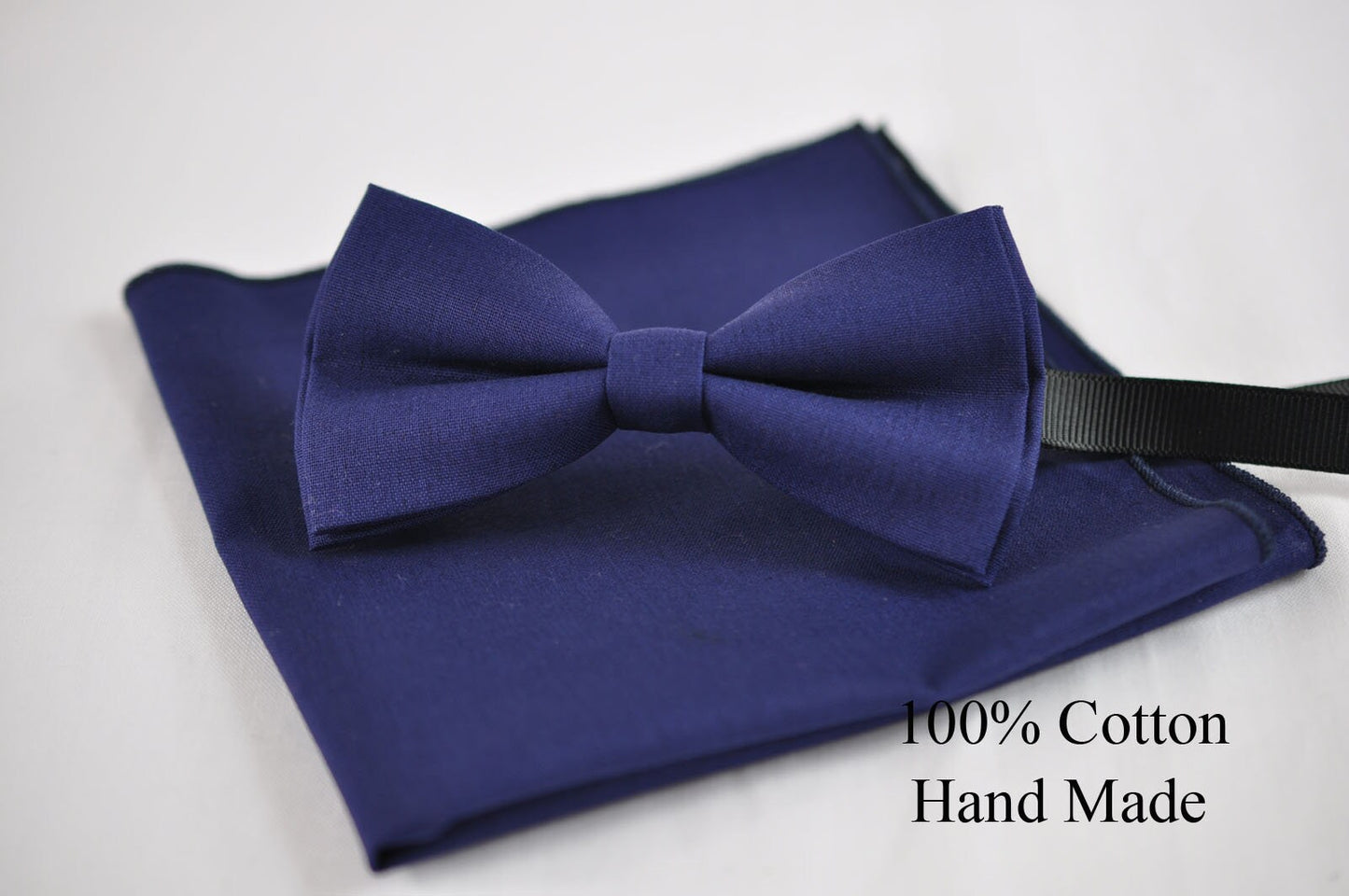 Mens Junior Navy Blue 100% Cotton Hand Made Pretied Bow tie and Matched Pocket Squares Hanky Handkerchief for Wedding or Party