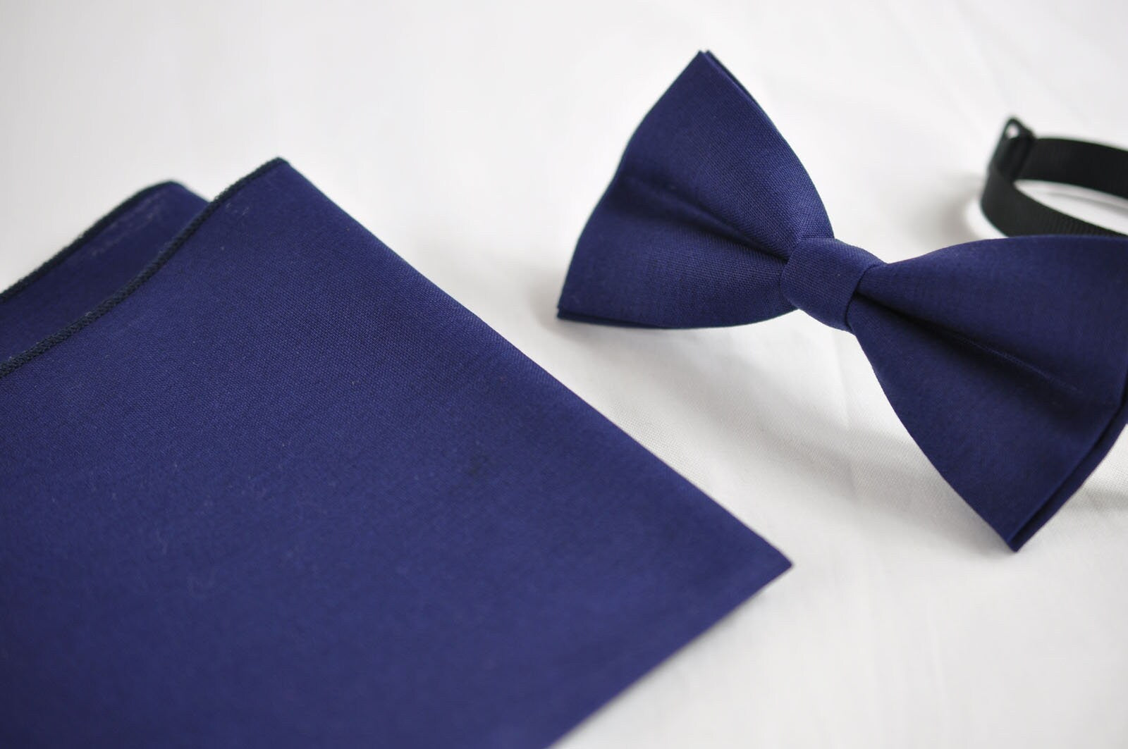 Mens Junior Navy Blue 100% Cotton Hand Made Pretied Bow tie and Matched Pocket Squares Hanky Handkerchief for Wedding or Party