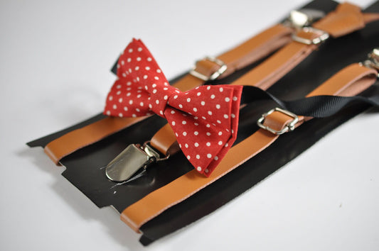 Boy Baby Kids Page Boy Toddler Red White Dots Pattern Bow Tie + Tan Light Brown Faux Leather Suspenders Braces Sets Fits 1-6 Years Old