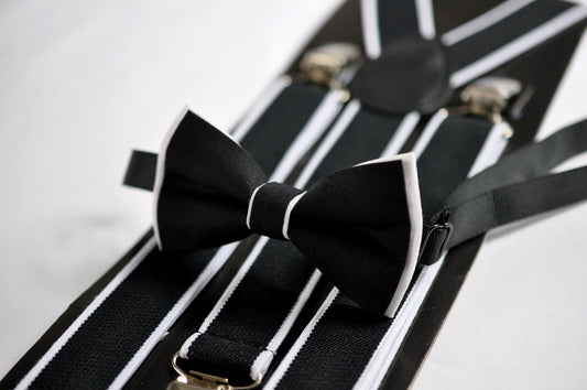 Black and White Cotton Bow Tie + Matched Elastic Suspenders Braces Sets for Baby infant / Boy Kids / Youth Teenage / Men Adult