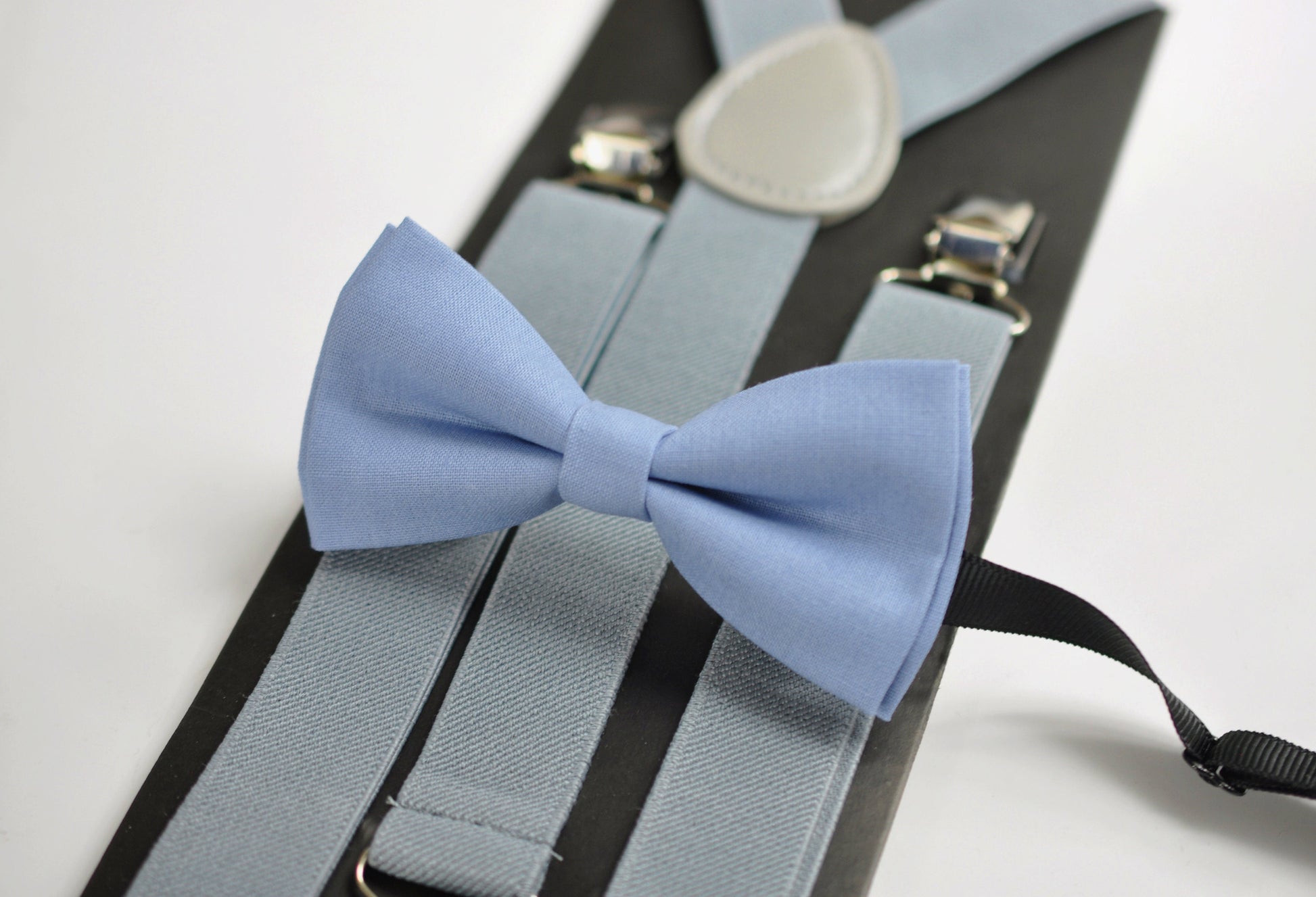 Dusty Blue Cotton Bow tie+ Light Grey Gray Elastic Suspenders Braces for Baby infant / Kids Boy / Youth Teenage / Men Adult