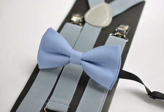 Dusty Blue Cotton Bow tie+ Light Grey Gray Elastic Suspenders Braces for Baby infant / Kids Boy / Youth Teenage / Men Adult