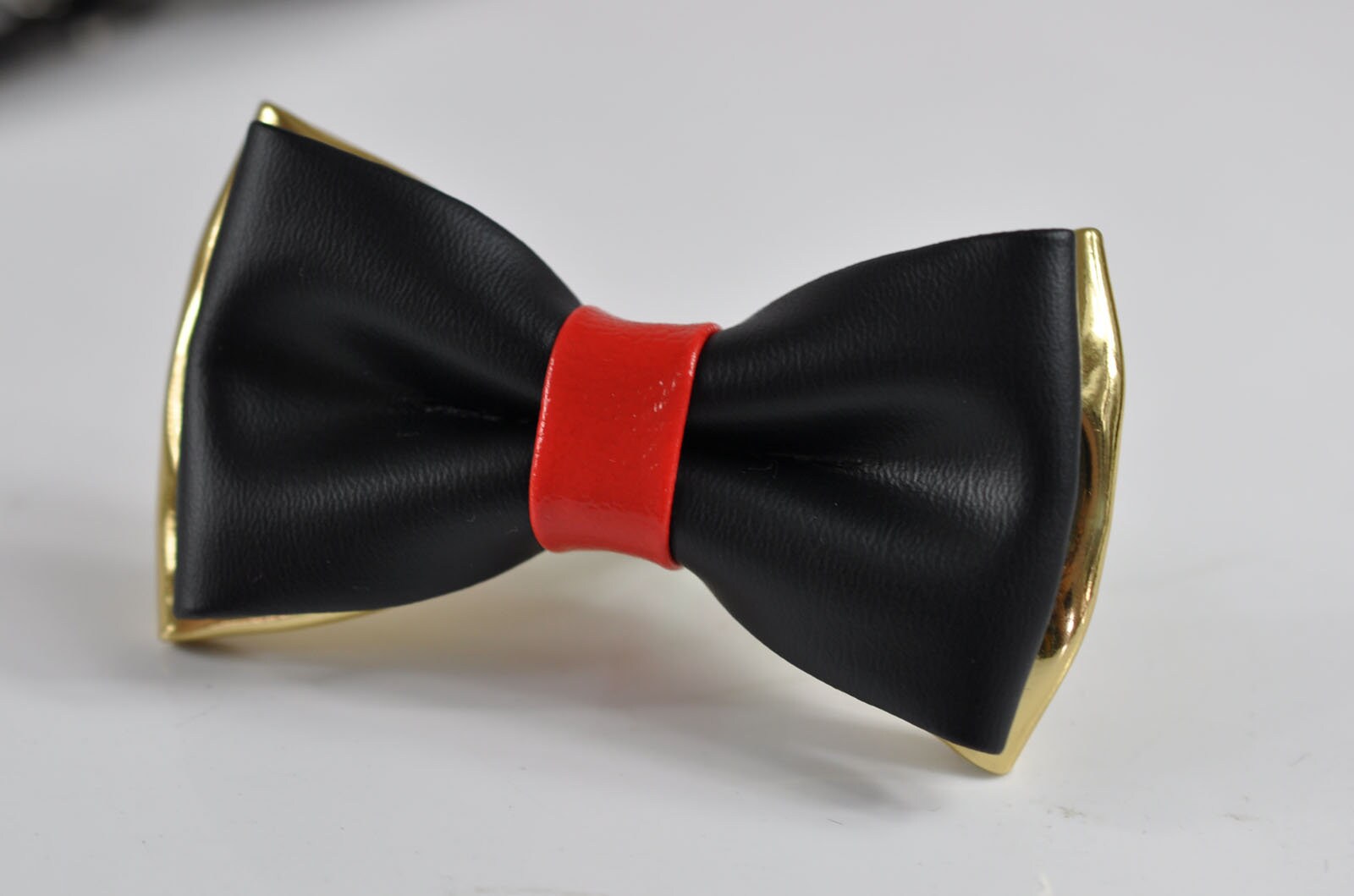 Black Red Gold Faux leather Bow tie + Red Elastic Suspenders Fits 1-6 Years Old