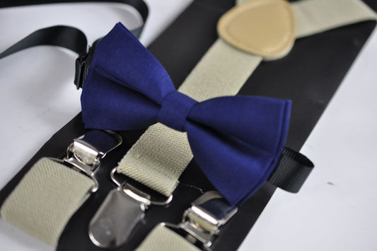 Navy Blue Solid 100% Cotton Bowtie Bow Ties + Light Brown Khaki Braces Elastic Suspenders for Baby infant / Boy Kids / Youth Teenage / Men