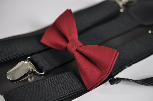 Rosewood Burgundy Maroon Dark Red Cotton Bow tie + Black Elastic Suspenders for Baby infant / Toddler Kids Boy / Youth Teenage / Adult