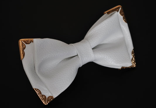 Men White Shining PVC Faux Leather Gold Edge 2 Layers Pretied Bow tie Bowtie Wedding Party