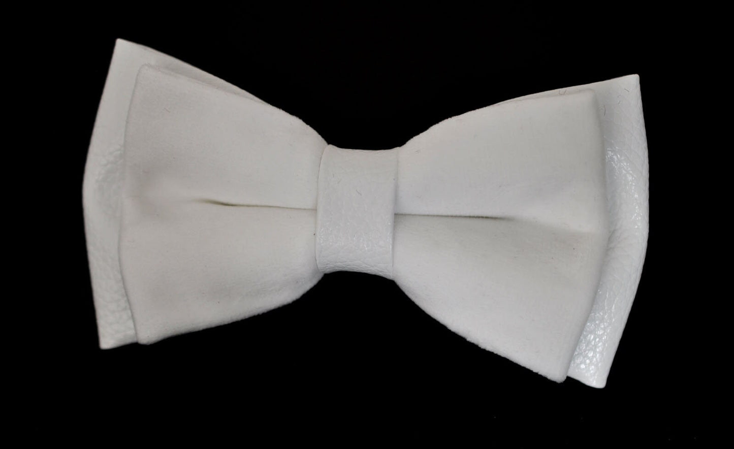 White PVC Faux Leather and Velvet 2 Layers Pretied Bow Tie BOWTIE Wedding Party for Men / Youth / Boy Kids / Baby Infant