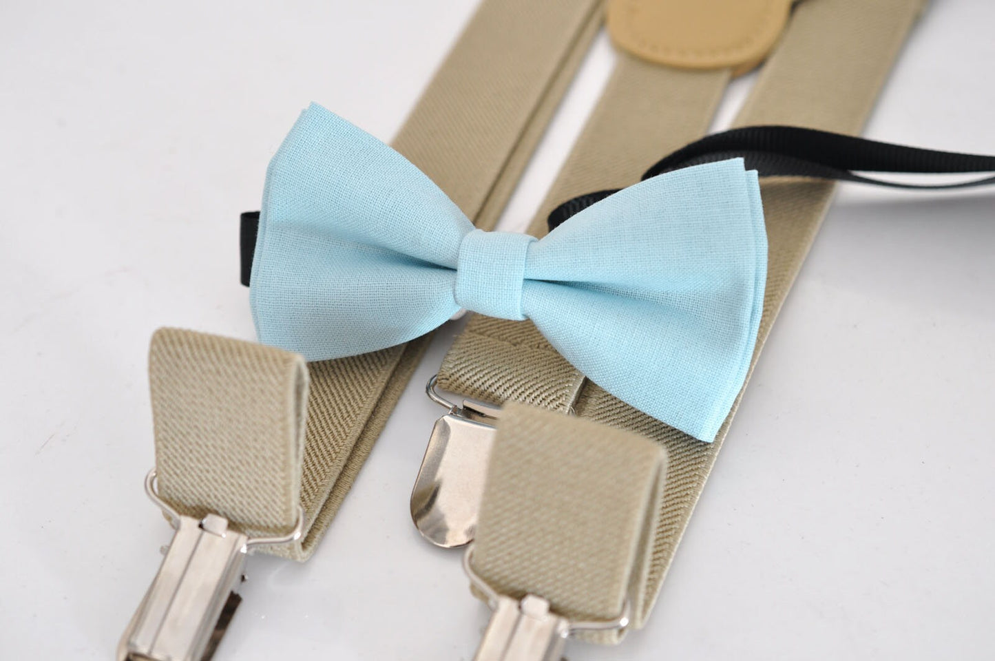Baby Blue Light Blue Cotton Bow tie Bowtie + Khaki Light Brown Elastic Suspenders Braces for Baby infant / Boy Kids / Youth Teenage
