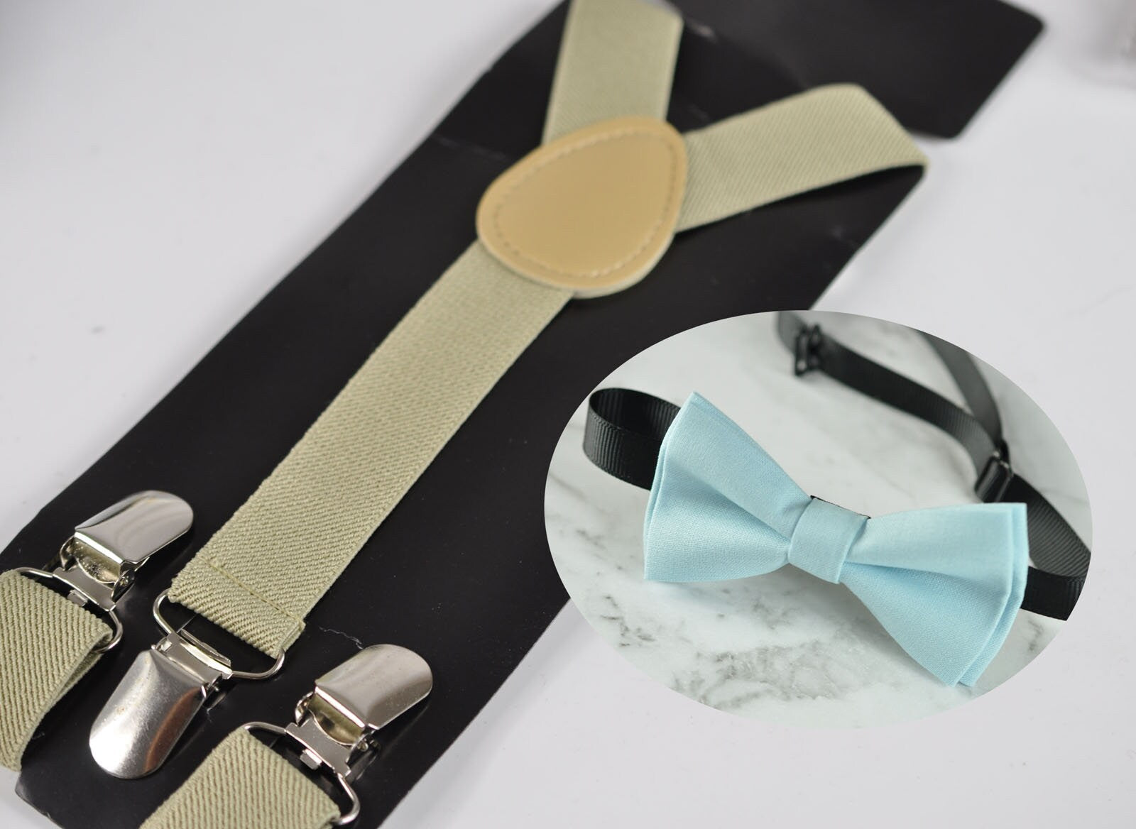 Baby Blue Light Blue Cotton Bow tie Bowtie + Khaki Light Brown Elastic Suspenders Braces for Baby infant / Boy Kids / Youth Teenage