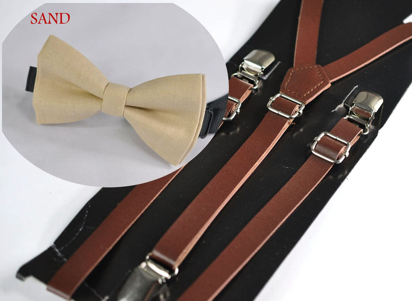 Light Begie Sand Color Cotton Pretied Bow tie + Brown Faux Leather Suspenders for Baby infant / Page Boy Kids / Youth Teenage