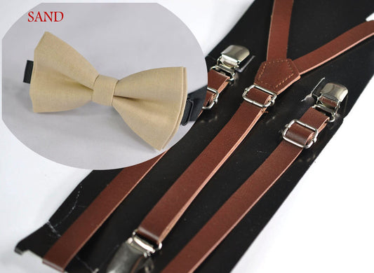 Light Begie Sand Color Cotton Pretied Bow tie + Brown Faux Leather Suspenders for Baby infant / Page Boy Kids / Youth Teenage