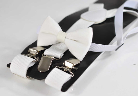 White Velvet and Faux Leather Bow tie + White Elastic Brace Suspenders for Baby infant / Boy Kids Toddler / Teenage Youth / Adults