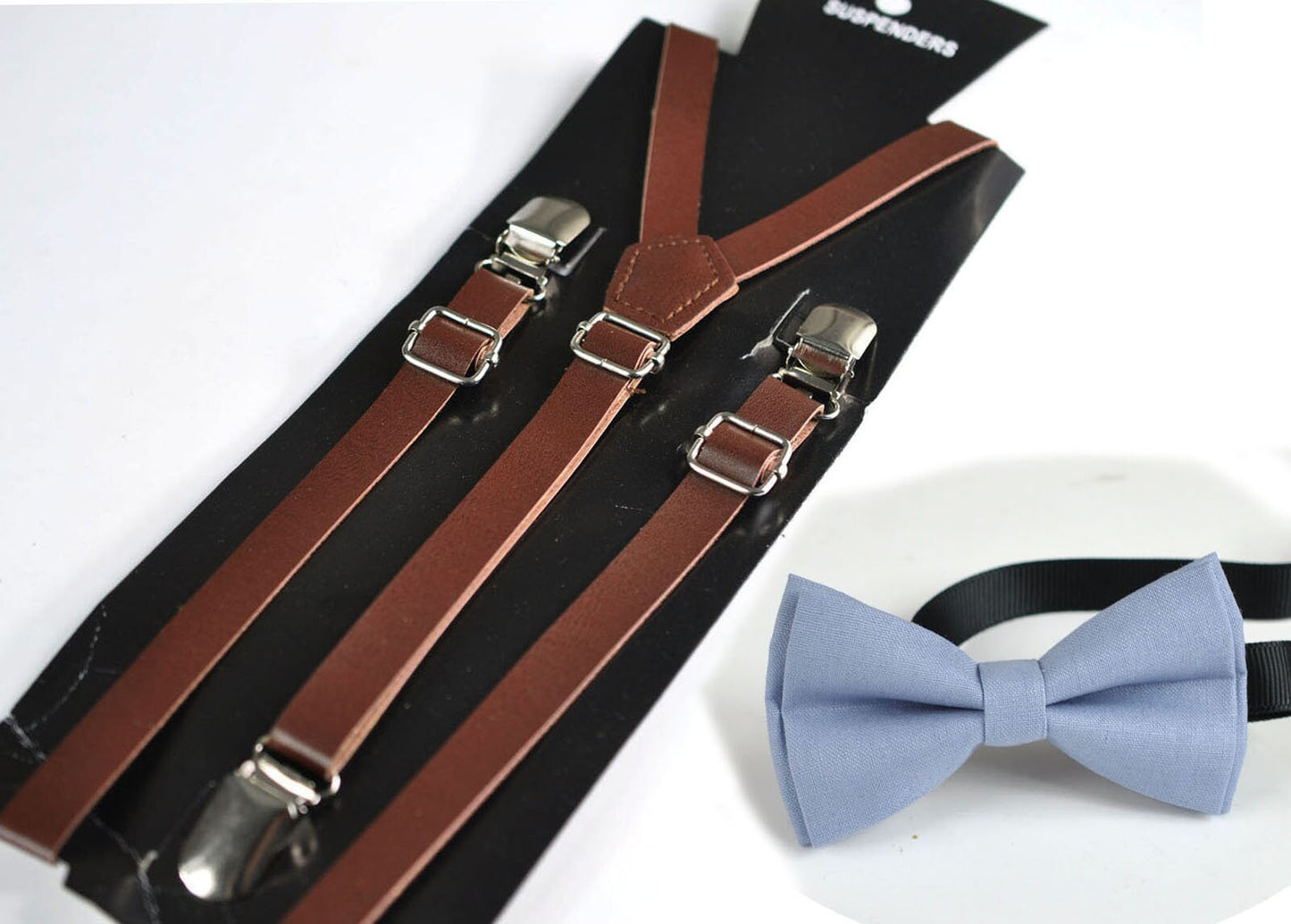 Dusky Dusty Blue Blush Blue Light Blue Cotton Bow tie + Brown Faux Leather Adjustable Suspenders Braces for Kids Page Boy Toddler or Youth