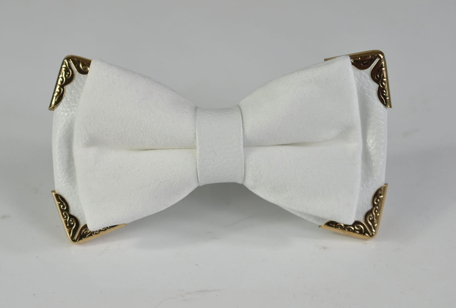 White Shining PVC Faux Leather Velvet 2 Layers Gold Edge Pretied Bow tie Bowtie Wedding Party for Men / Youth Teenage /Boy / Baby