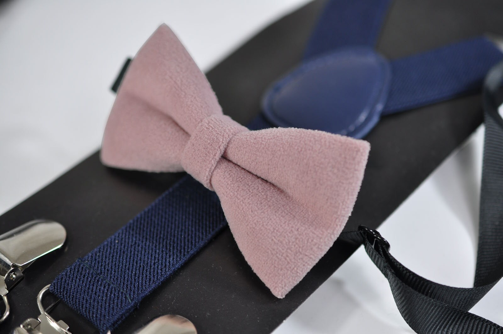 Dusky Dusty Rose Pink Blush Pink Velvet Bow tie + Navy Blue Elastic Suspenders Braces for Baby infant / Boy Kids / Youth Teenage / Men Adult