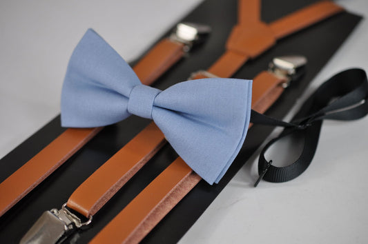 Dusky Dusty Blue Cotton Bow tie + Light Brown Tan Faux Leather Suspenders Braces for Baby infant Toddler / Kids Page Boy or Youth Teenage