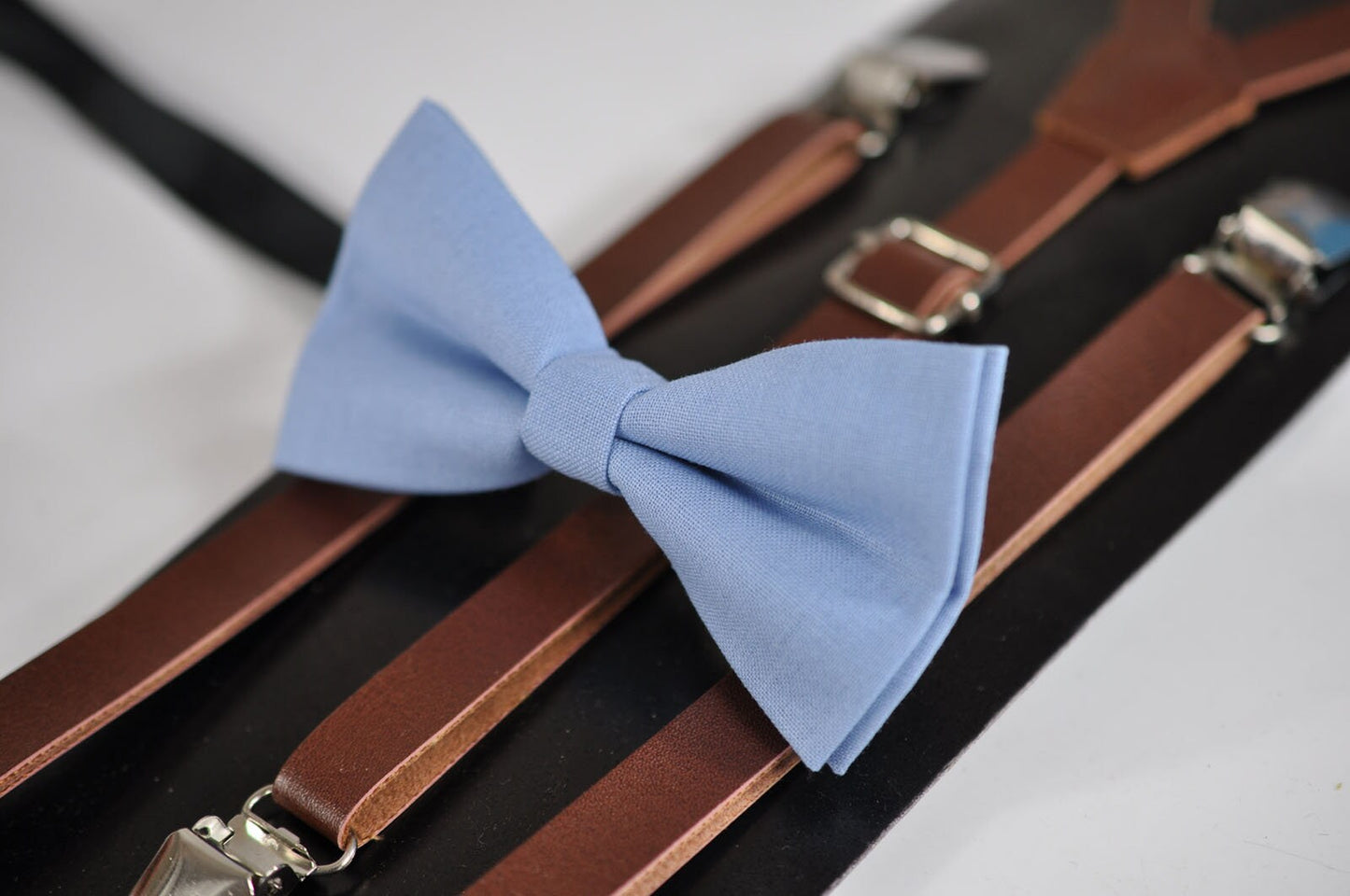 Dusky Dusty Blue Blush Blue Light Blue Cotton Bow tie + Brown Faux Leather Adjustable Suspenders Braces for Kids Page Boy Toddler or Youth