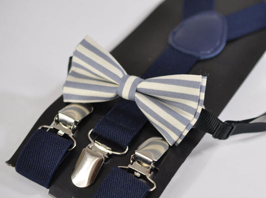 ELEMENTS STRIPE GREY Stripes Pattern Cotton Bow Tie + Navy Blue Elastic Suspenders Braces for Kids Page Boy Toddler or Youth Teenage