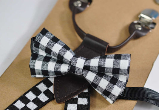 Boy Kids Page Boy Black White Grey Grids Pattern Cotton Bow Tie + Black White Grids Suspenders Braces Set Fits 1-6 Years Old Wedding Party