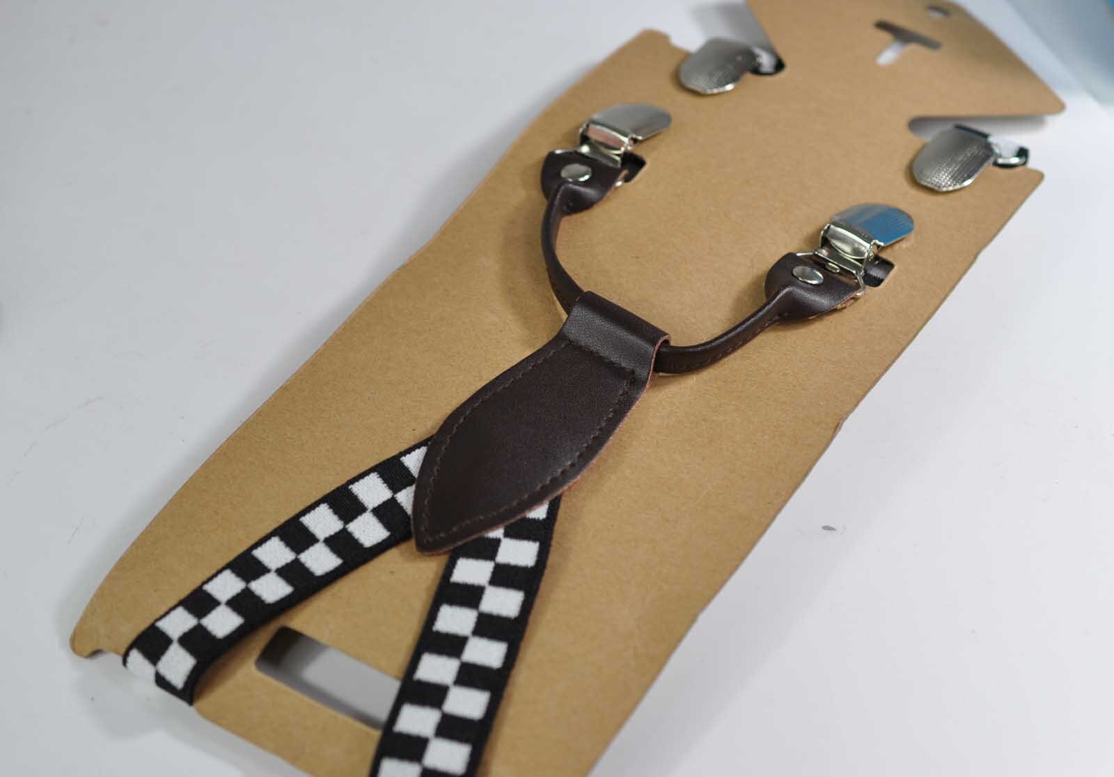 Boy Kids Page Boy Black White Grey Grids Pattern Cotton Bow Tie + Black White Grids Suspenders Braces Set Fits 1-6 Years Old Wedding Party