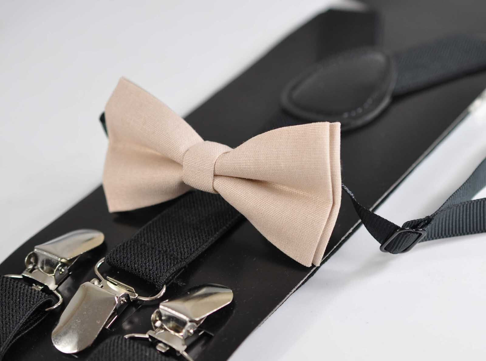 Light Begie Sand Pale Brown Ivory Cotton Bow tie + Black Elastic Suspenders Braces for Baby infant Toddler / Kids Boy / Youth Teenage / Men