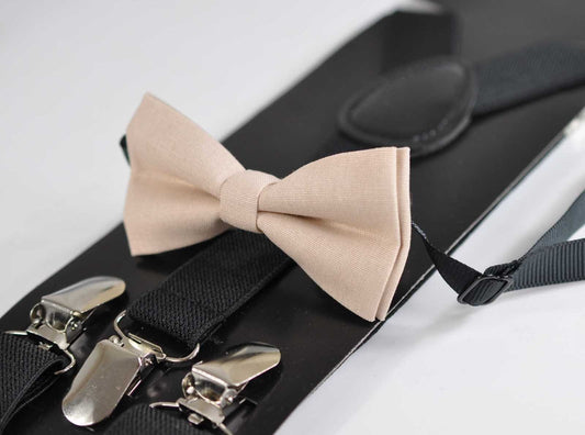 Light Begie Sand Pale Brown Ivory Cotton Bow tie + Black Elastic Suspenders Braces for Baby infant Toddler / Kids Boy / Youth Teenage / Men