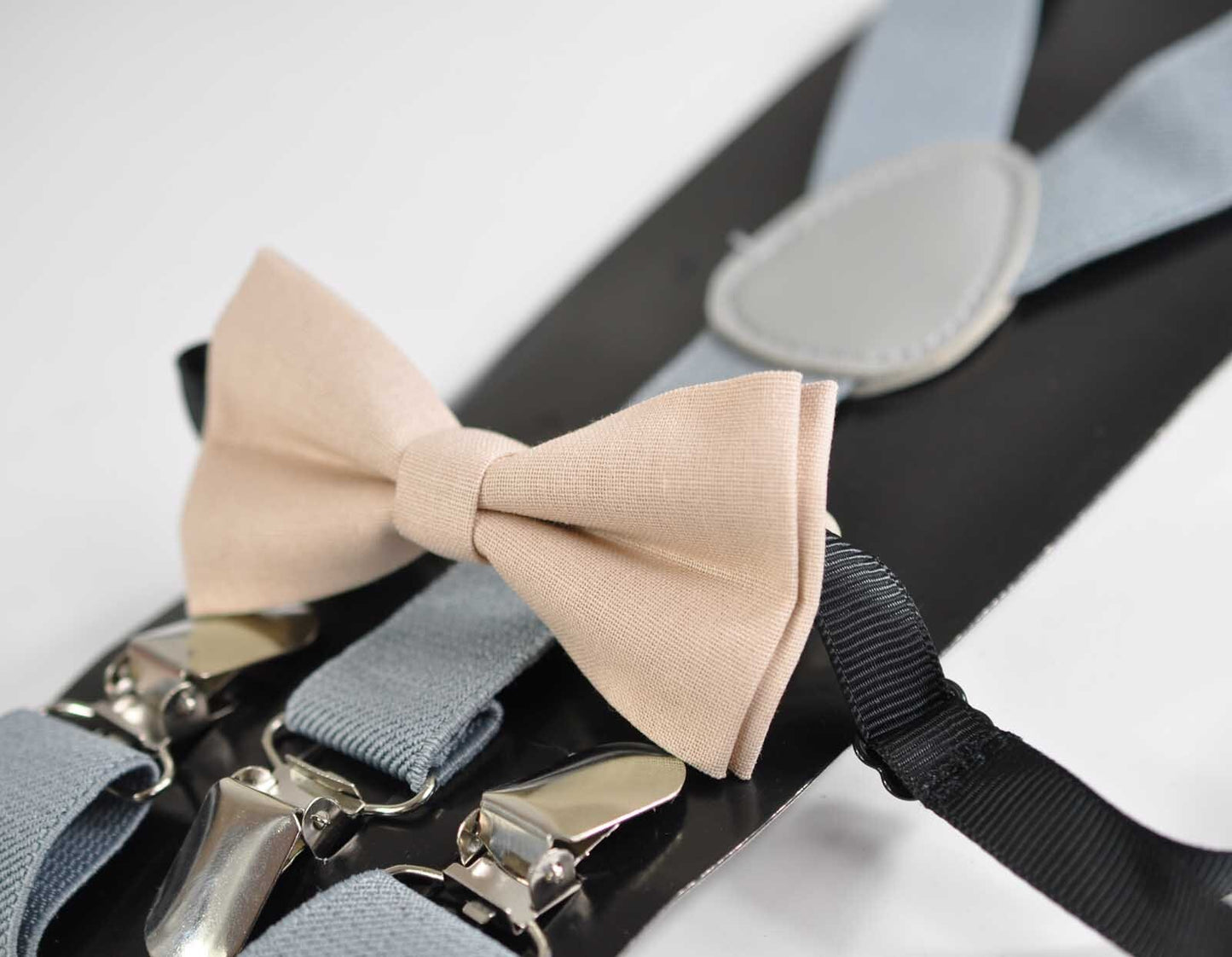 Light Begie Sand Pale Brown Cotton Bow tie + Grey Gray Elastic Suspenders Braces for Baby infant Toddler / Kids Boy / Youth Teenage / Men