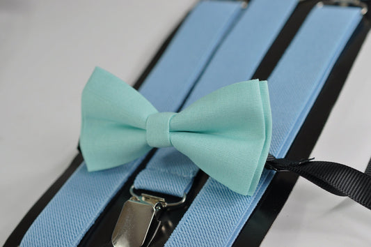 Mint Ice Blue Baby Blue Light blue Cotton Bow tie + Light Blue Elastic Suspenders Braces for Baby infant Toddler / Kids Boy / Youth Teenage