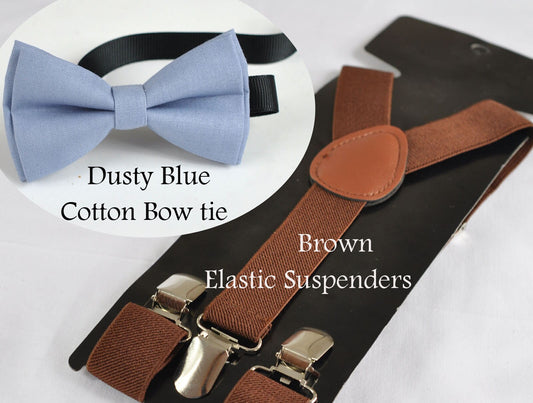 Dusty Blue Blush Blue Cotton Bow tie+ Brown Elastic Suspenders Braces for Baby infant / Kids Boy Toddler / Youth Teenage / Adult