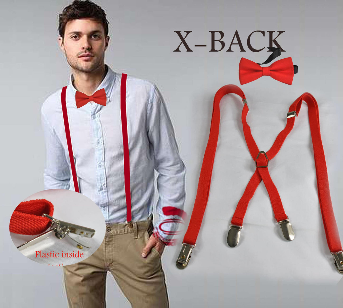 Men Cotton pretied Red Bow tie + 15mm wide X-back 4 clips Red Elastic Suspenders Braces Fits height 110-190cm