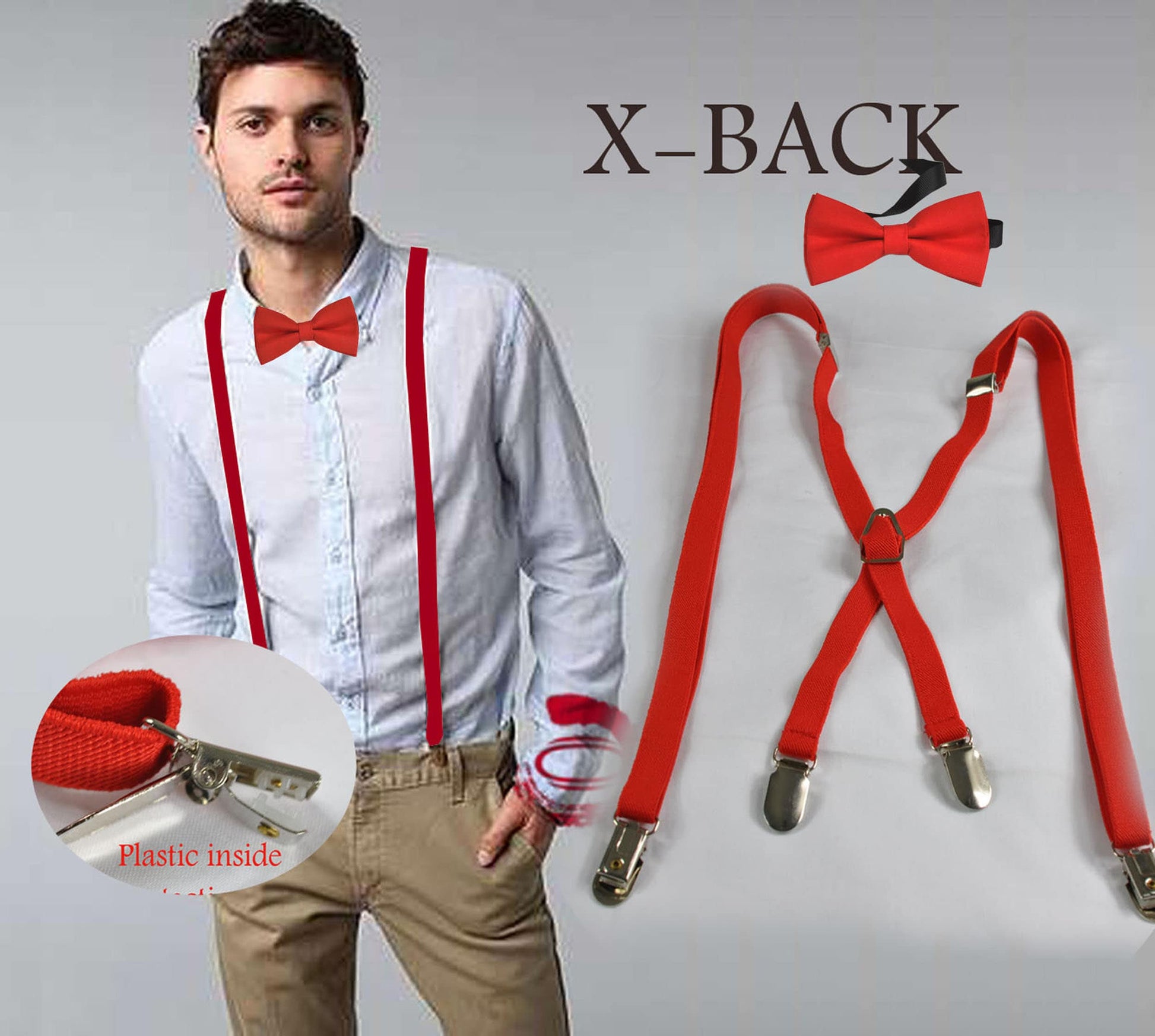 Men Cotton pretied Red Bow tie + 15mm wide X-back 4 clips Red Elastic Suspenders Braces Fits height 110-190cm