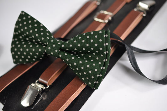 Green White Dots Spots & Stripes Cotton Bow tie Bowtie + Brown Faux Leather Suspenders for Baby infant / Page Boy Kids / Youth Teenage