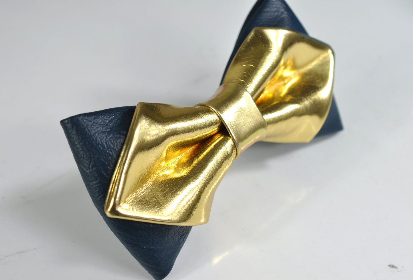 Mens PVC Faux Leather Gold Golden and Navy Blue Shining Bow Tie Bowties Wedding Party