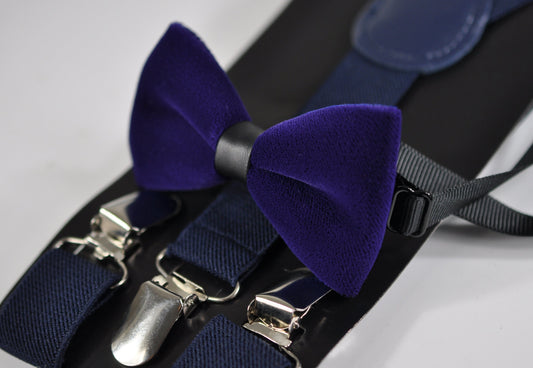 Violet Purple Velvet Black Faux Leather Bow Tie + Navy Blue Elastic Susependers for Baby infant / Page Boy Kids / Youth Teenage / Men Adult