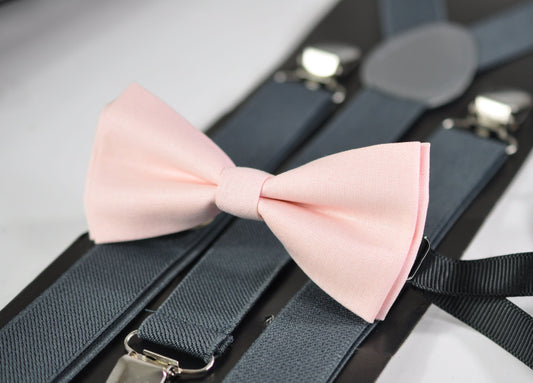Baby Pink Light Pink Cotton Bow tie Bowtie + Grey Gray Elastic Suspenders Braces for Infant Toddler Baby / Boy Kids / Youth Teenage / Men