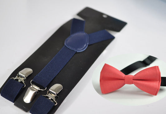 Coral Red Pinky Red Flamingo Cotton Bow tie Bowtie + Navy Elastic Suspenders Braces for Baby Infant / Page Boy Kids Toddler / Youth / Adult