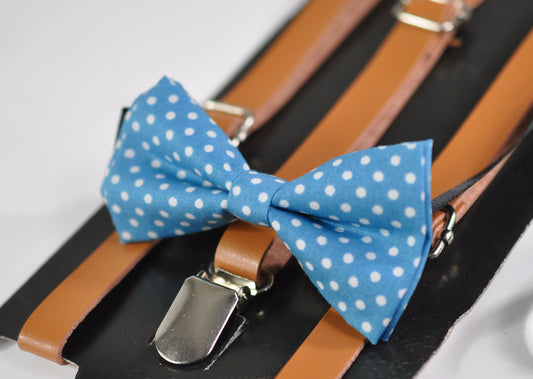 Spots & Stripes Dots Pattern Duck Egg Light Blue Bow tie + Light Brown Tan Faux Leather Suspenders for Baby infant / Page Boy Kids / Youth