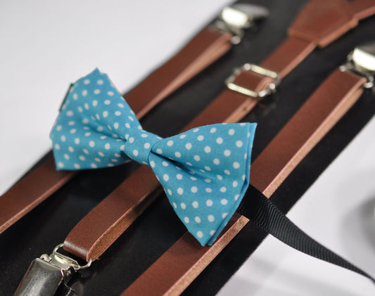 Spots & Stripes Dots Pattern Duck Egg Light Blue Bow tie + Brown Faux Leather Braces Suspenders for Baby infant / Page Boy Kids / Youth