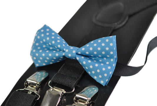 Spots & Stripes Dots Pattern Duck Egg Light Blue Bow tie + Black Elastic Braces Suspenders for Baby infant / Page Boy Kids / Youth