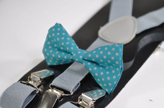 Spots & Stripes Dots Pattern Duck Egg Light Blue Bow tie + LIGHT GREY Elastic Braces Suspenders for Baby infant / Page Boy Kids / Youth