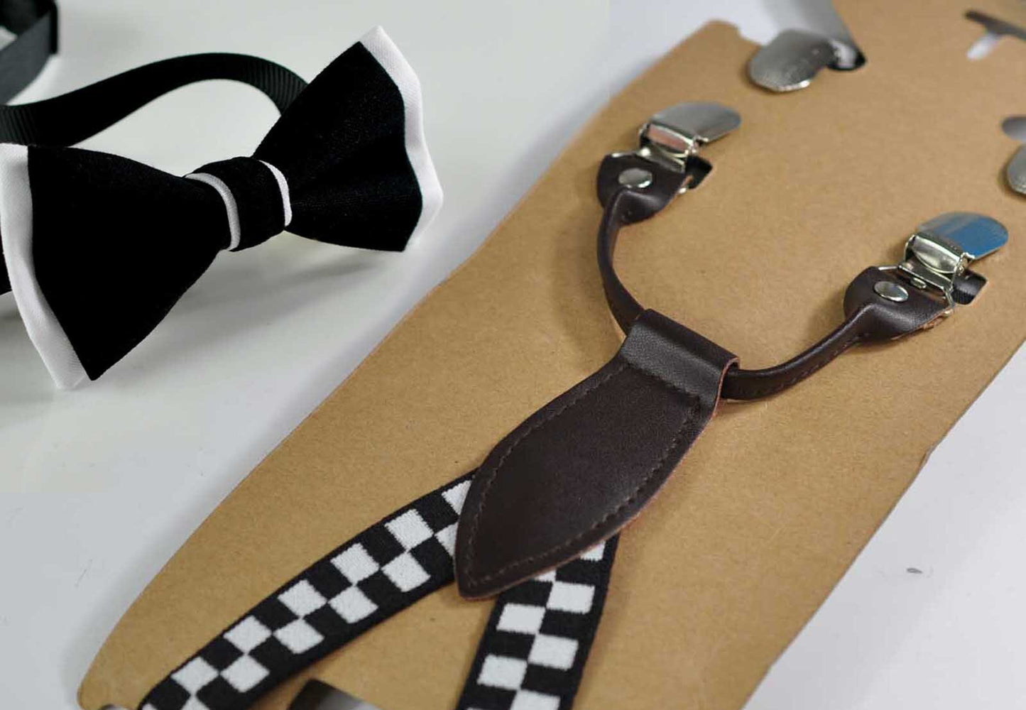 Black White Cotton Bow tie + Black White Grids Elastic Faux Leather X-Back Suspenders Braces for Baby Toddler infant Weddding 1-6 Years Old