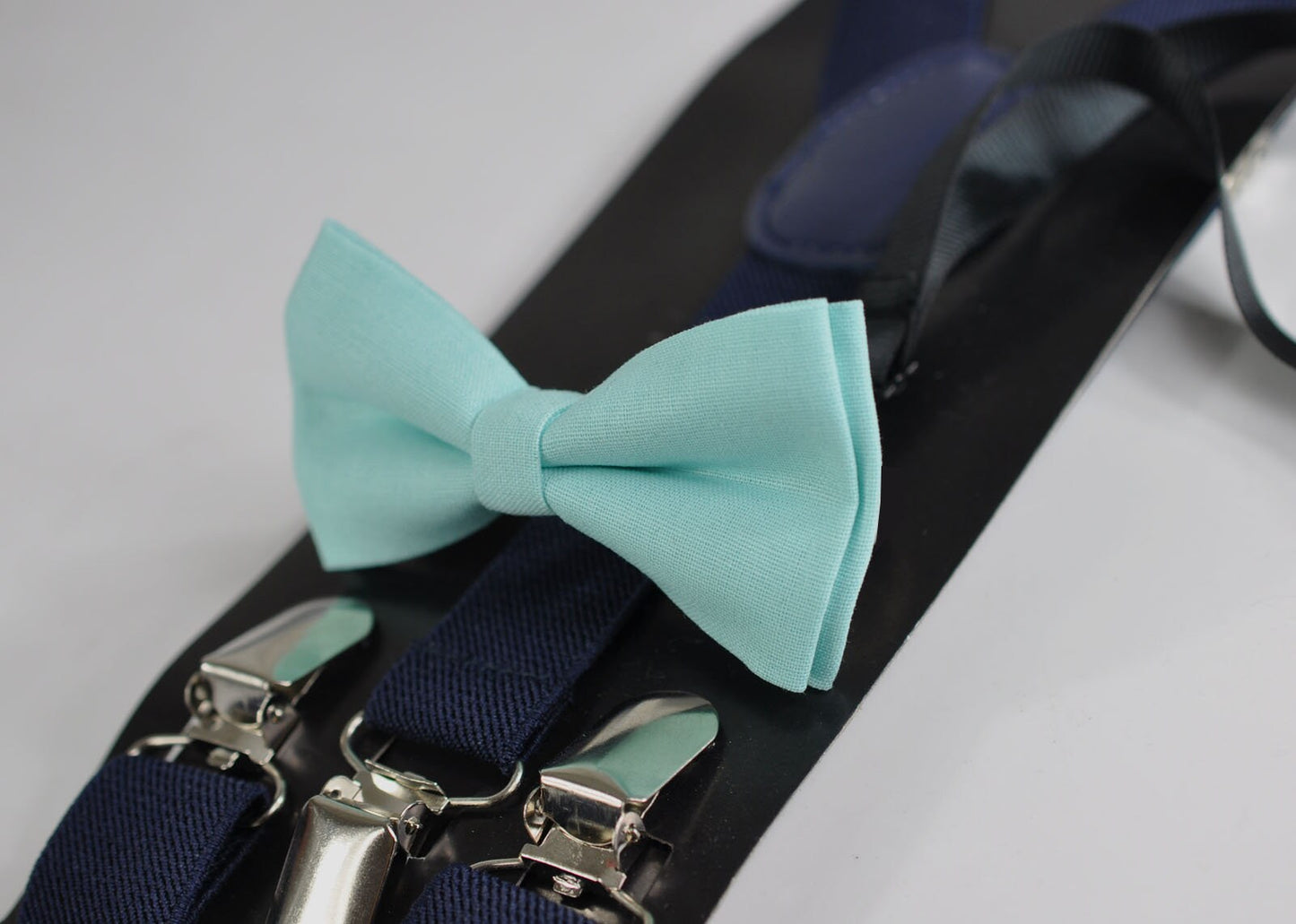 Mint Ice Blue Baby Blue Light blue Cotton Bow tie + Navy Blue Elastic Suspenders Braces for Baby infant Toddler / Kids Boy / Youth Teenage