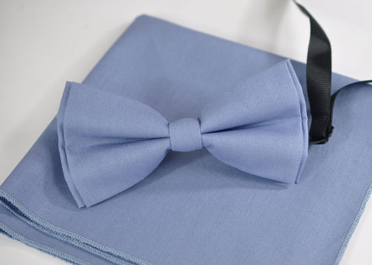 Men 100% Cotton Quality Dusky Dusty Blue Handmade Bow Tie Bowtie matched pocket Square Hanky Handkerchief Wedding