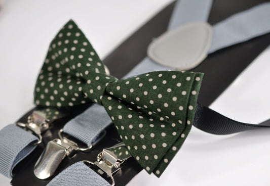 Green White Spots Stripes Cotton Bow tie Bowtie + Grey Elastic Suspenders Braces for Baby infant / Toddler Boy Kids / Youth teenage / Adult