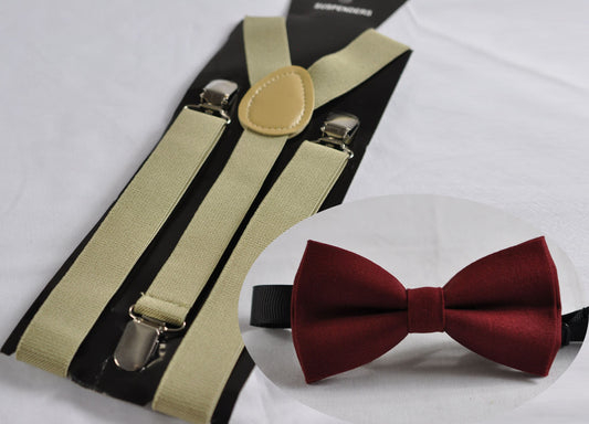 Burgundy Wine Red Rosewood Red Cotton Bow tie + Khaki Light Brown Elastic Suspenders Braces for Infant Baby / Page Boy Kids / Youth Teenage