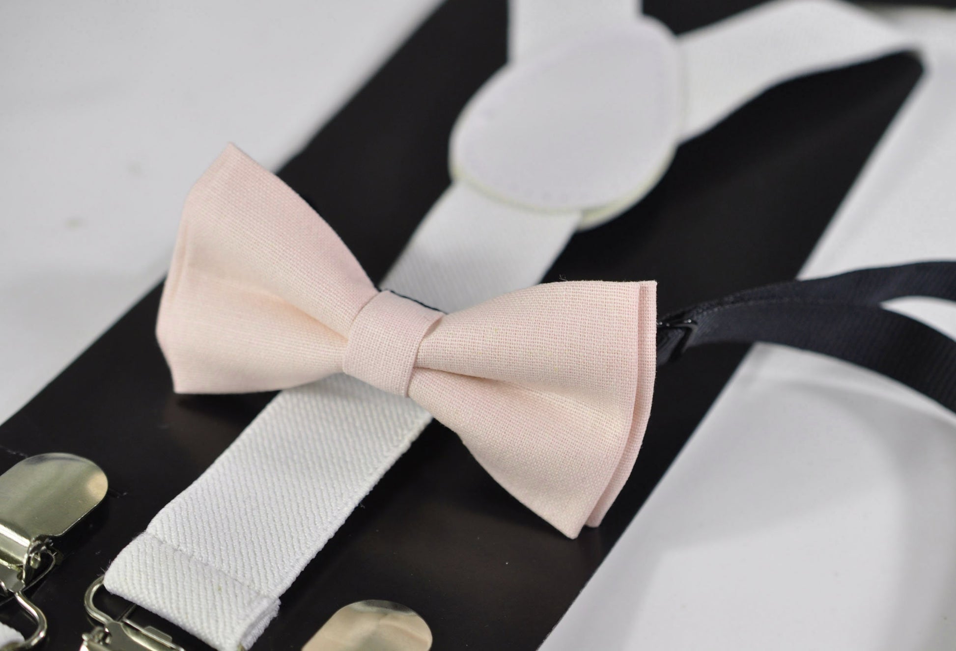 Baby Pink Light Pink Cotton bow tie + White Elastic Suspenders Braces for Baby Infant Toddler / Boy Kids / Youth Teenage / Men Adult