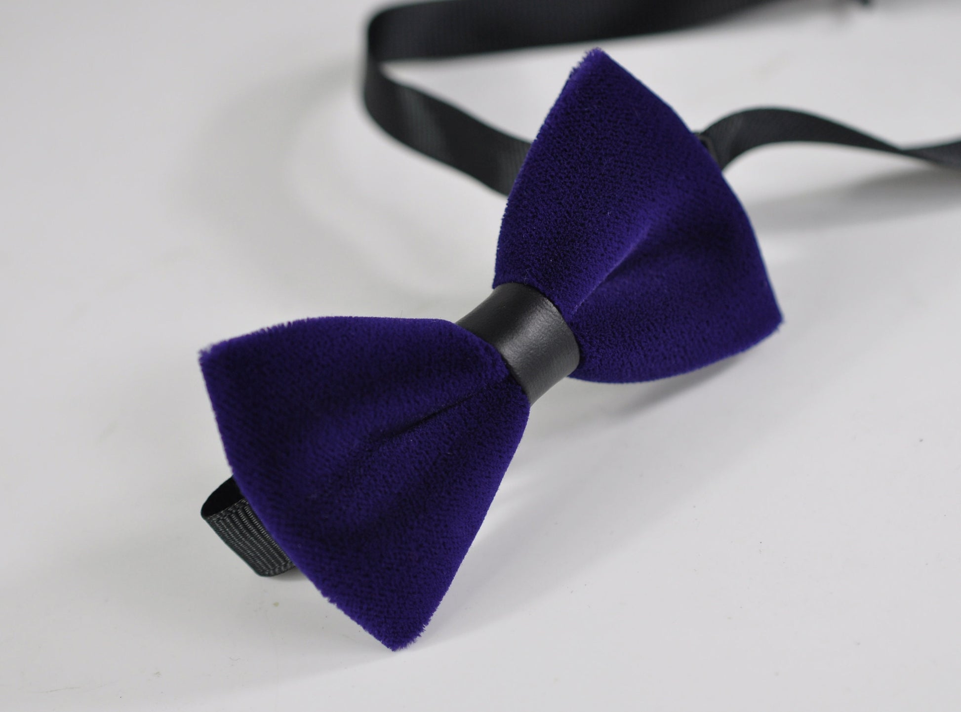 Violet Purple Velvet Black Faux Leather Bow Tie + Navy Blue Elastic Susependers for Baby infant / Page Boy Kids / Youth Teenage / Men Adult