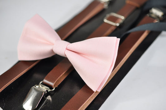 Baby Pink Light Pink Cotton Bow tie Bowtie + Brown Faux Leather Suspenders for Baby infant Toddler / Boy Kids / Youth Teenage
