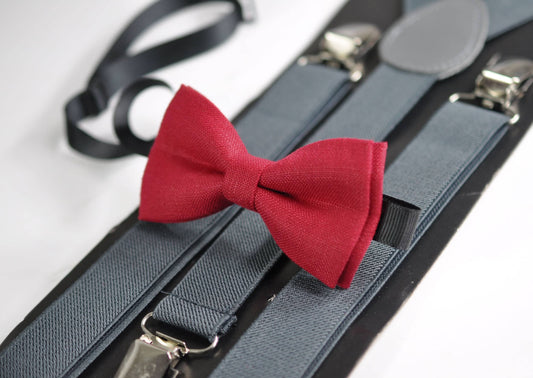 Cherry Ruby Blood Red Linen Bow tie + Grey Gray Elastic Suspenders Braces for Baby infant Toddler / Kids Boy / Youth Teenage / Men Ault